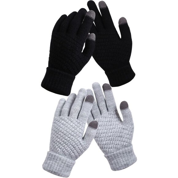 Women's 2 Pairs Black Grey Winter Touch Screen Gloves Elastic Cuff Winter Gloves - Picture 1 of 7